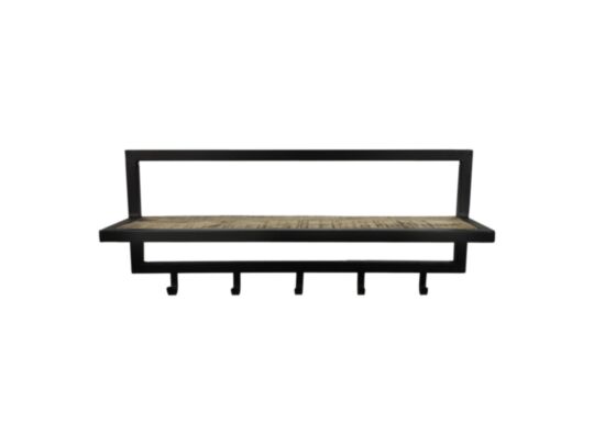 HSM Collection-Wandkapstok 5 Haken Met Plank-66x17x28-Naturel/Zwart-Acacia/Metaal (MAN-CMW66)