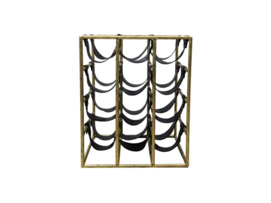 Wijnrek 12 flessen - 33x32x40 - Antiek goud/Zwart - Metaal/Faux leder (AAO-1931GA)
