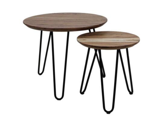 Salontafel Zurich - ø60/ø40 - Naturel/zwart - Acaciahout/ijzer - Set van 2 (AN-SE-65)