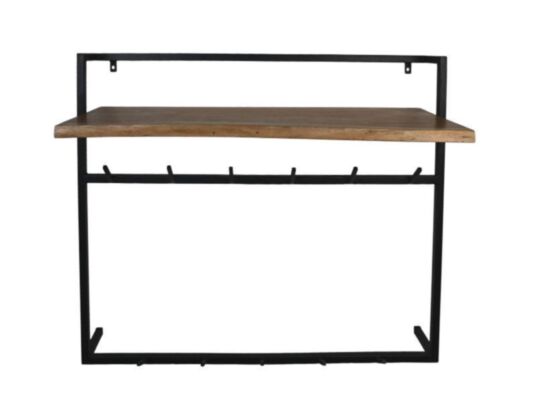 HSM Collection-Wandkapstok Met Plank 11 Haken-100x30x80-Naturel/Zwart-Acacia/Metaal (MAN-WCH100)