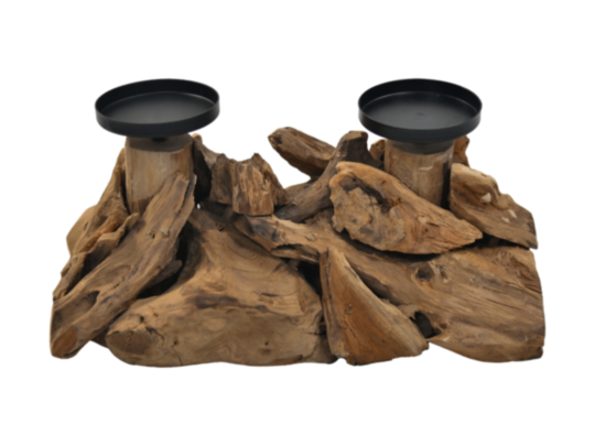 HSM Collection-Kaarsenhouder 2 Kaarsen-32x18x14-Naturel/Zwart-Teak/Metaal (AMC-32)