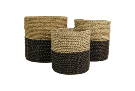 Mandenset - raffia/zeegras - naturel/zwart - set van 3 (E506NB)