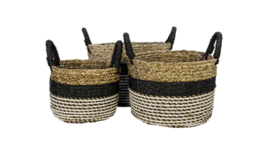 Mandenset Malibu - zwart/naturel/wit - raffia/zeegras - set van 3 (E510NBW)