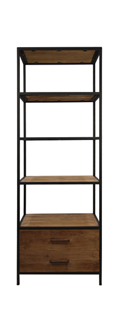 Open kast met 2 lades - 64x37x183 - Naturel/zwart - Teak/metaal (HCBR85)