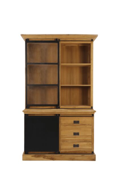 Vitrinekast Darwin - 130x50x215 - Naturel/zwart - Teak/metaal (HECS120)