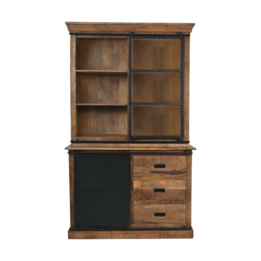 Vitrinekast - 125x48x210 - Naturel/zwart - Mangohout/metaal (HKDC125)