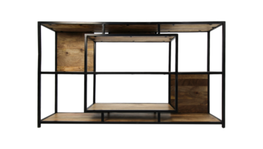 Open vakkenkast Levels - 150x35x90 - Naturel/zwart - Mangohout/metaal (SI-4002A)