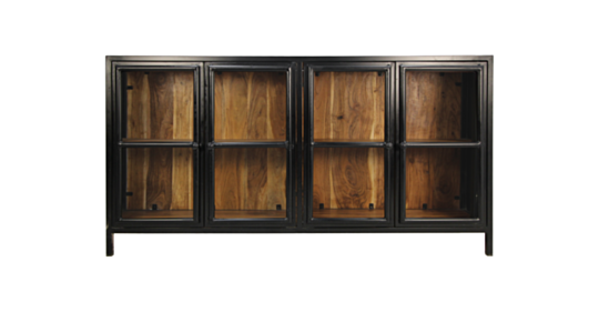 Vitrinekast Kingston - 170x40x90 - Naturel/zwart - Acacia/metaal/glas (SI-IWC170)